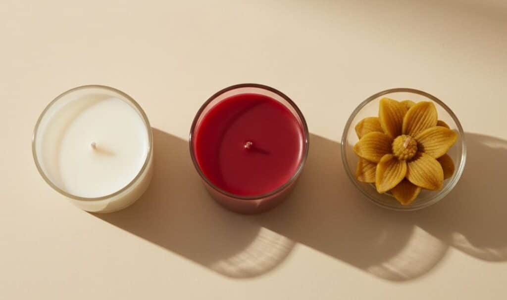 3 velas artesanales elaboradas con cera de soja, cera de parafina y cera de abeja