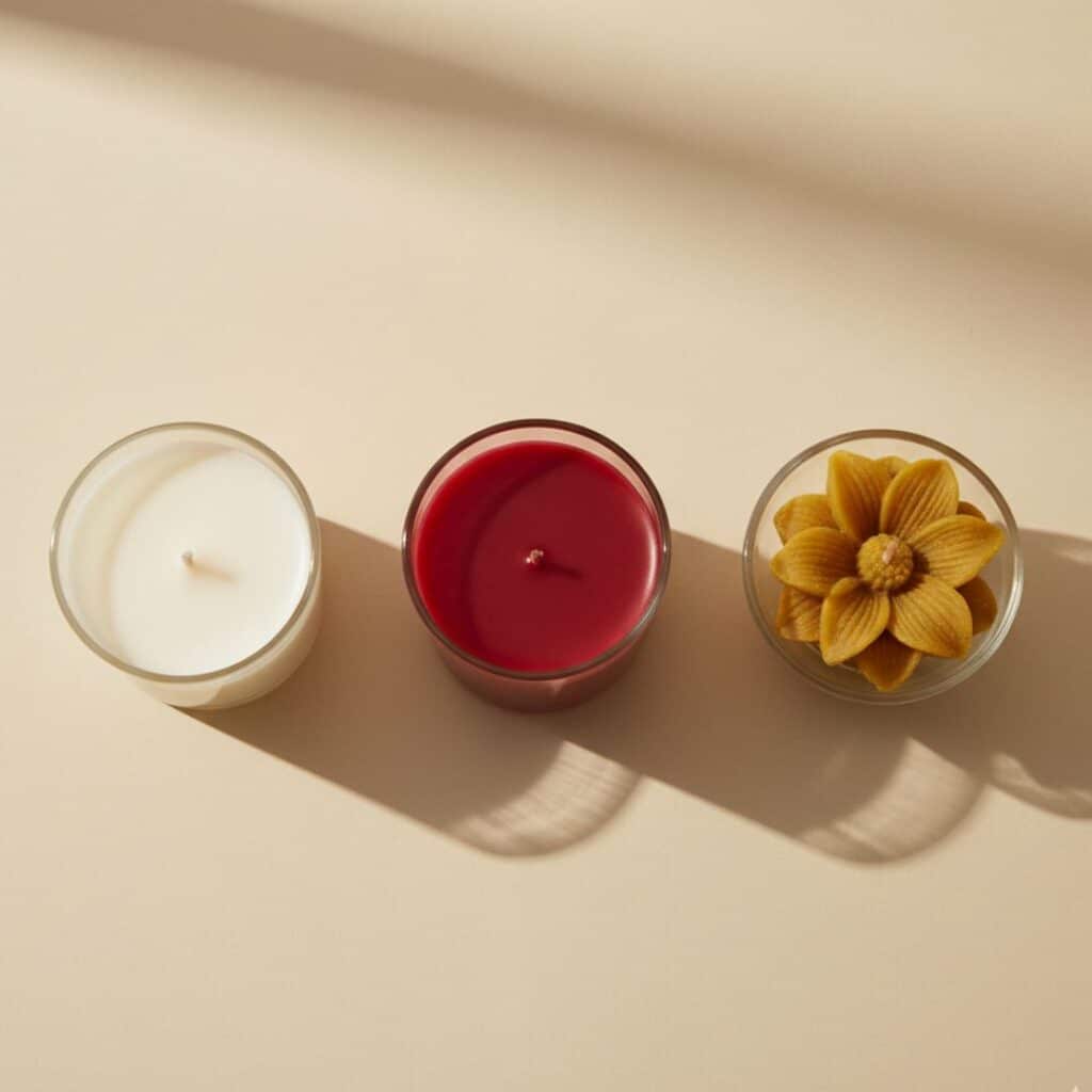 3 velas artesanales elaboradas con cera de soja, cera de parafina y cera de abeja
